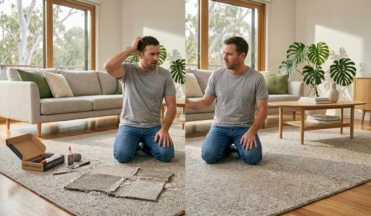 A split-screen lifestyle image. The left side shows a confused man scratching his head while kneeling next to a messy, visible DIY carpet patch and a retail repair kit. The right side shows the same man looking relieved next to a seamless, perfectly restored carpet.