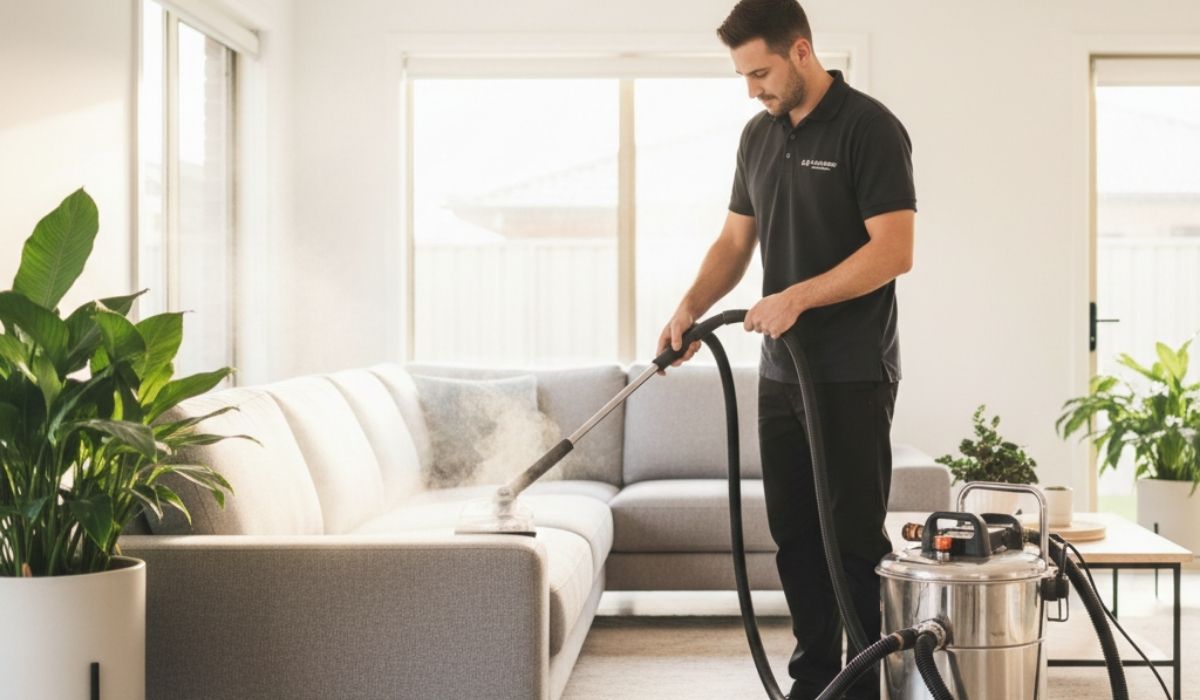 A professional upholstery cleaner in a black uniform uses a high-powered steam extraction machine on a modern light-grey L-shaped sofa. Visible steam rises from the cleaning wand as it moves across the fabric.